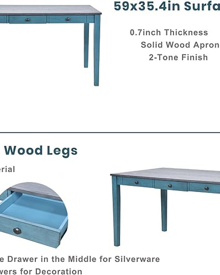 6-Piece Wood Dining Table Set with Drawer, 4 Upholstered Chairs and Bench, for Kitchen, Living Room, Mid-Century Style, Antique Blue, 59" L x 35.4" W x 30.3" H - LeafyLoom
