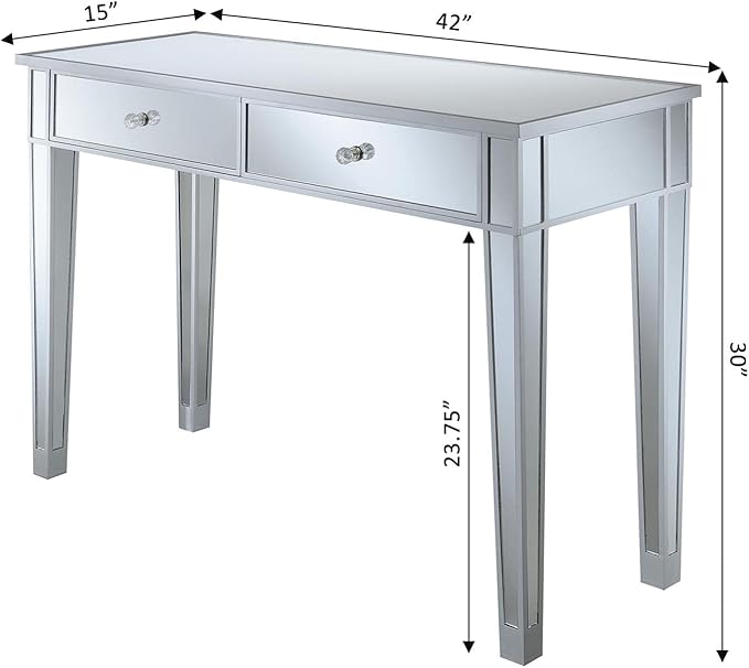 Convenience Concepts Gold Coast Desk 42" Console Table with 2 Drawers for Storage in Living Room, Office, Den, 42 x 15 x 30 inches, Silver/Mirror - LeafyLoom