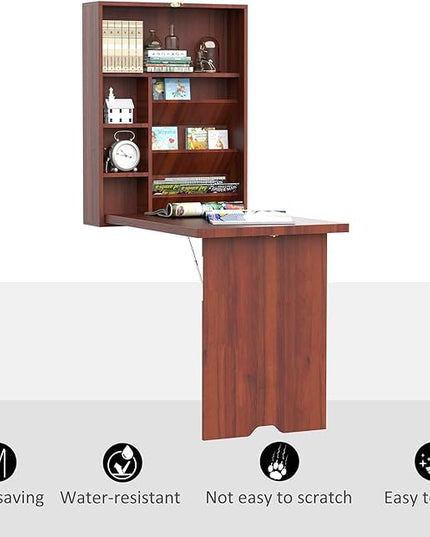 HOMCOM Compact Fold Out Wall Mounted Convertible Desk with Storage, Mahogany - LeafyLoom