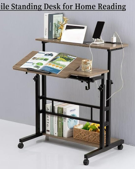 Hadulcet Stand Up Desk, Rolling Desk Adjustable Height, Mobile Standing Desk with Wheels & Charging Station Grey or Rustic Brown - LeafyLoom