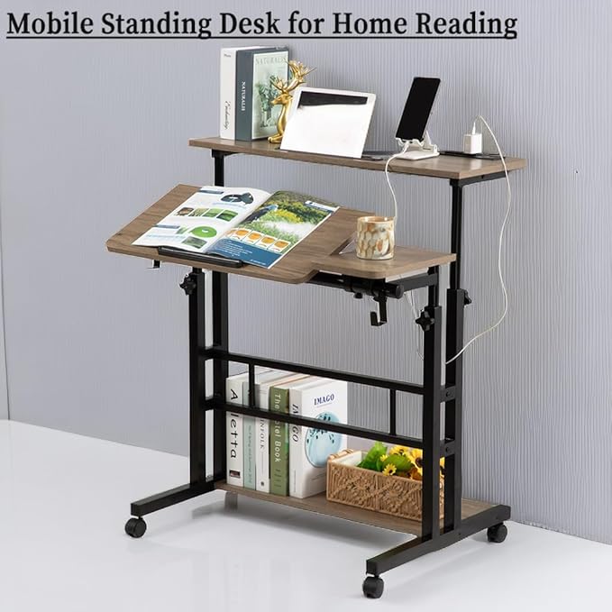 Hadulcet Stand Up Desk, Rolling Desk Adjustable Height, Mobile Standing Desk with Wheels & Charging Station Grey or Rustic Brown - LeafyLoom