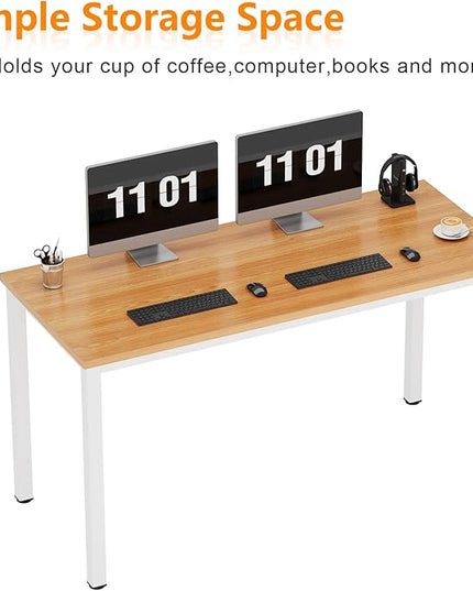 Need 55 Inch Large Computer Desk - Modern Simple Style Home Office Gaming Desk, Basic Writing Table for Study Student, White Metal Frame, Teak - LeafyLoom
