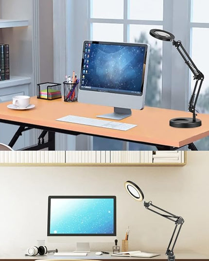 Meichoon LED Desk Lamp with Round Base 5X Magnifying Glass Foldable Arm Eye-Caring USB Table Light 3 Color Modes 10 Brightness Levels for Home Office Reading Makeup Crafts Repair UC38 Black - LeafyLoom