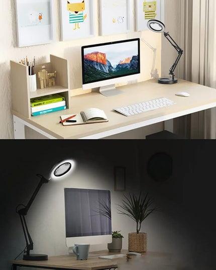 Meichoon LED Desk Lamp with Round Base 5X Magnifying Glass Foldable Arm Eye-Caring USB Table Light 3 Color Modes 10 Brightness Levels for Home Office Reading Makeup Crafts Repair UC38 Black - LeafyLoom