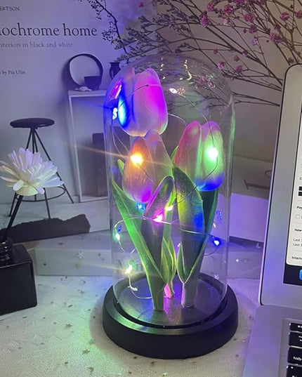 LED Tulip Lamp Artificial Flower Night Light Handmade Light up Tulips in Glass Dome Table Lamp Ornaments Desktop Decor - Battery Operated (Pink-Colour light) - LeafyLoom