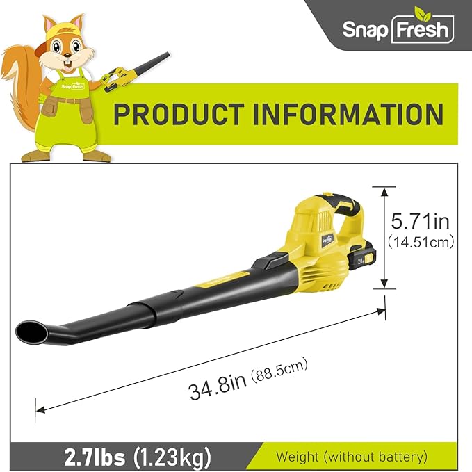 SnapFresh Leaf Blower - 20V Leaf Blower Cordless with Battery & Charger, Electric Leaf Blower for Lawn Care, Battery Powered Leaf Blower Lightweight for Snow Blowing(Yellow) - LeafyLoom