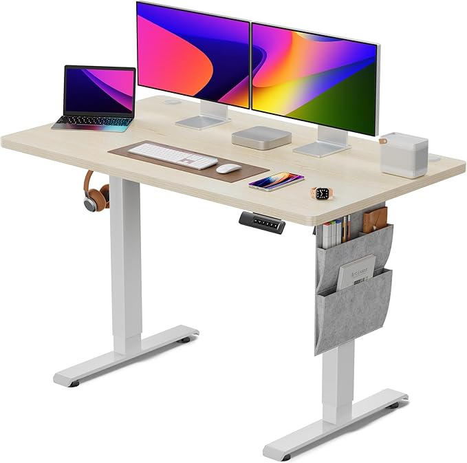 Standing Desk Adjustable Height, Electric Standing Desk with Starage Bag, Stand up Desk for Home Office Computer Desk Memory Preset with Headphone Hook, 48x24 Inch, Maple - LeafyLoom