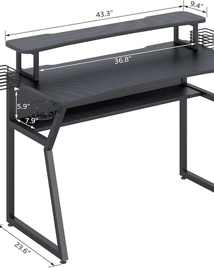 Gaming Desk, Computer Desk with Large Monitor Stand and Open Shelf,Gamer Table Workstation with Cup Holder, Headphone Hook, 2 Speaker Stand for Home Office (Black Carbon Fiber) - LeafyLoom