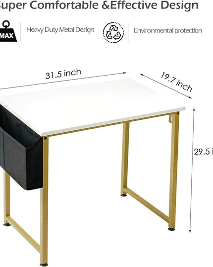 Lufeiya Small Computer Desk White Writing Table for Home Office Small Spaces 31 Inch Modern Student Study Laptop PC Desks with Gold Legs Storage Bag Headphone Hook,White Gold - LeafyLoom