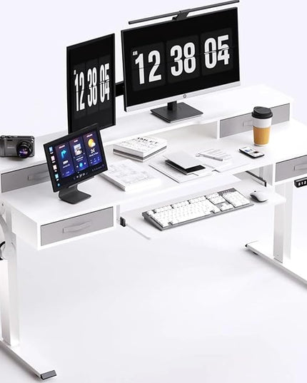 Electric Standing Desk, Multifunctional Standing Desk Adjustable Height, 55 * 24 Standing Desk with 4 Drawers, Ergonomic Adjustable Standing Desk with Keyboard Tray, Snow White - LeafyLoom