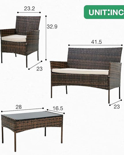 Outdoor Patio Furniture Sets 4 Pieces Patio Set Rattan Chair Wicker Sofa Conversation Set Patio Chair for Backyard Lawn Porch Poolside Balcony Garden Furniture Sets with Coffee Table (Brown) - LeafyLoom