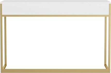 Martha Stewart Ollie Home Office Desk with 3 Drawers in White with Polished Brass Hardware - LeafyLoom