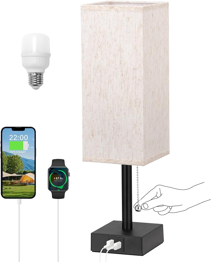Pull Chain Small Table Lamp for Bedroom with USB Ports, 3 Color Temperature Bedside Lamp for Kid's Room Office - LeafyLoom