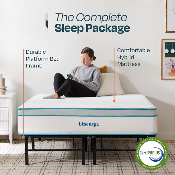 Linenspa 12” Memory Foam and Innerspring Hybrid Mattress + 14” Black Metal Platform Bedframe – Twin Mattress + Metal Folding Twin Bedframe - LeafyLoom