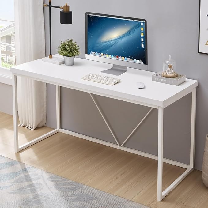 Home Office Desk, Metal and Wood Computer Desk, Modern Rustic Work Study Writing Table for Living Room Bedroom, White Oak, 55 inch - LeafyLoom