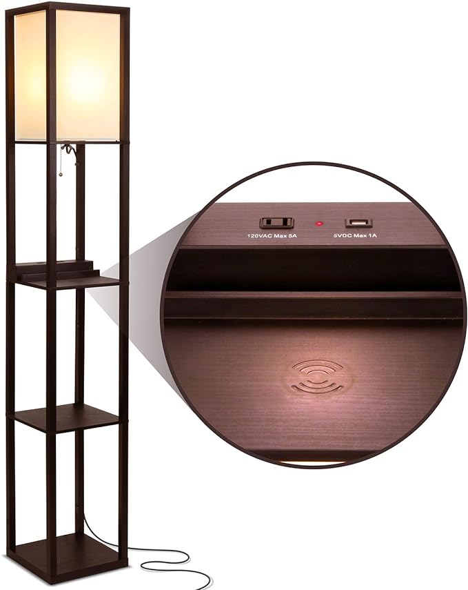 Brightech Maxwell – Modern Shelf Floor Lamp with USB Ports, Wireless Charging & Outlet – Versatile Corner Display and Lamp with Shelves, Storage Solution for Living Room, Office, Bedroom - LeafyLoom