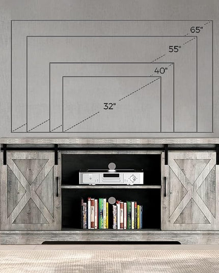 IDEALHOUSE TV Stand Farmhouse Entertainment Center for 65 Inch TV & Media Furniture, Rustic TV Stands with Storage and Barn Doors TV Console Table Under TV Cabinet for Living Room, Rustic Grey - LeafyLoom