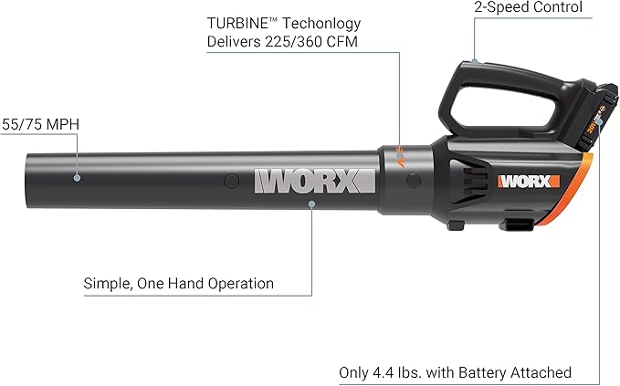 WORX Cordless Leaf Blower 20V WORXAIR Turbine Blower WG547.2 for Lawn Care Yard Work, 2 Variable Speed Control, 1 * 4.0 Ah Battery & Charger Included - LeafyLoom