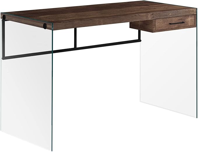Monarch Specialties Computer Desk - Contemporary Writing Desk with Drawer - Tempered Glass Legs - 48"L (Brown Reclaimed Wood Look) - LeafyLoom
