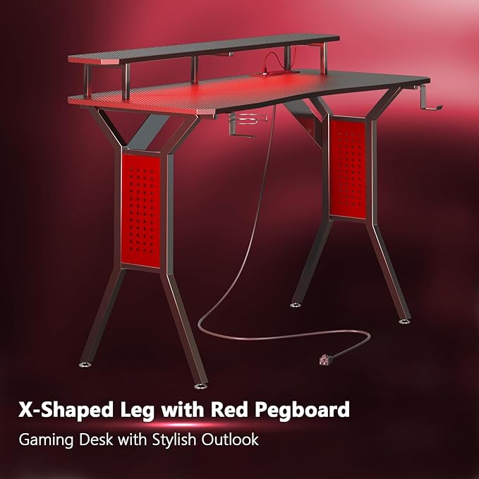 Gaming Desk with Power Outlets & LED Strip Lights,Computer Desk with Large Monitor Stand, Gamer Workstation with Stylish Metal Legs,Headphone Hook&Cup Holder for Home Office - LeafyLoom