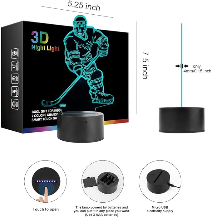 Hockey Player 3D Night Light Lamps for Kids 7 LED Color Changing Touch Table Desk Lamps Lighting Cool Toys Gifts Birthday Xmas Decoration for Sports Hockey Fan - LeafyLoom