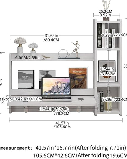 Pmnianhua Floating Desk,41'' Wall Mounted Desk Fold Down Laptop Desk Folding Space Saving Table Workstation with Storage Shelves for Bedroom Study Room Small Space (Off White-Right) - LeafyLoom