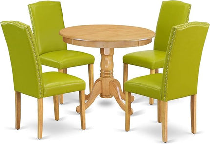 East West Furniture Antique 5 Piece Dinette Set Includes a Round Dining Table with Pedestal and 4 Autumn Green Faux Leather Upholstered Parson Chairs, 36x36 Inch, ANEN5-OAK-51 - LeafyLoom