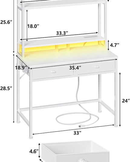 Furologee Small White Computer Desk with Power Outlet and 2 Fabric Drawers, Gaming Desk with LED light, Home Office Desk with Monitor Stand and Hutch for Small Space Working, Study Table with Shelf - LeafyLoom