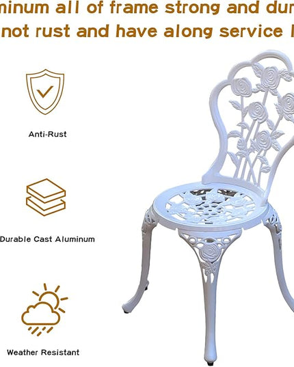 Patio Bistro Set.Rust-Resistant Cast Aluminum Bistro Table Set with Umbrella Hole for Backyard (Rose White) - LeafyLoom