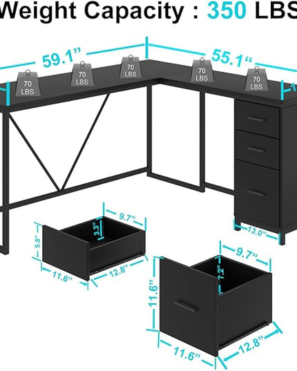 HSH Large Black L Shaped Desk, Corner Wood Computer Desk with Drawer, Modern Work Home Office Desk with Storage Cabinet, Industrial Executive PC Study Writing Desk for Living Bedroom, Black, 59 Inch - LeafyLoom