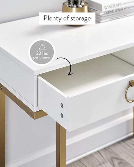 Nathan James Leighton Two-Drawer Writing Glam Accents Brass, Home Office Computer Desk or Vanity Table, 2, White/Gold, Small - LeafyLoom