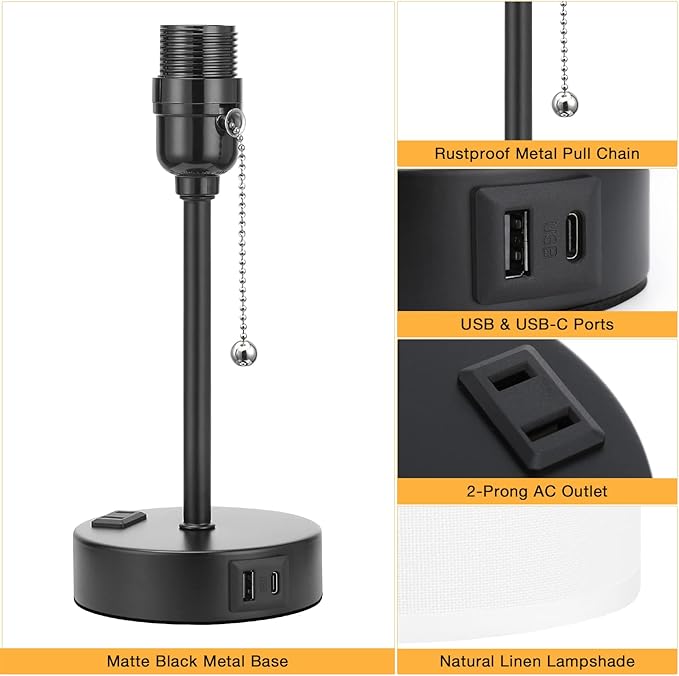 Small Bedroom Lamps with USB C and A Ports 3 Color Temperatures - 2700K 3500K 5000K Pull Chain White Nightstand Bedside Table Lamps with AC Outlet, Metal Base for Kids Reading - LeafyLoom