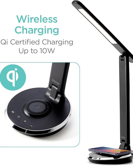 iHome Desk Lamp with Charging Station, Reading Light with Wireless Charging and USB Charging – Black (ILW200B) - LeafyLoom