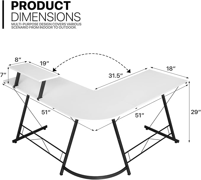 MoNiBloom L Shaped Computer Desk Corner Table with Metal Frame, L Desk Workstation for Home Office, Space-Saving, White - LeafyLoom