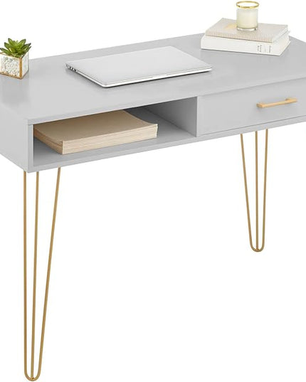 mDesign Metal/Wood Modern Computer Desk - Minimalist Desk and Computer Table with Drawer - Simple Desk with Storage Cubby and Hairpin Legs - Small Work Desk for Home Office, Study - Gray/Soft Brass - LeafyLoom