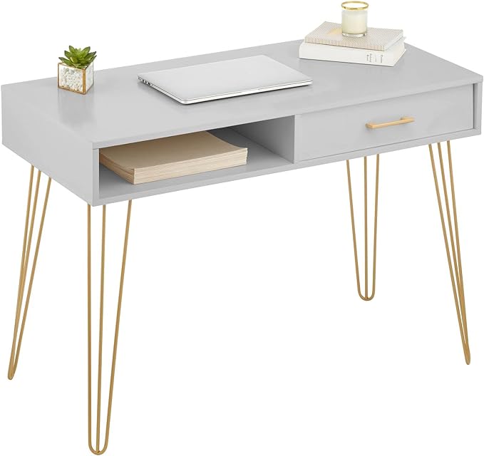 mDesign Metal/Wood Modern Computer Desk - Minimalist Desk and Computer Table with Drawer - Simple Desk with Storage Cubby and Hairpin Legs - Small Work Desk for Home Office, Study - Gray/Soft Brass - LeafyLoom