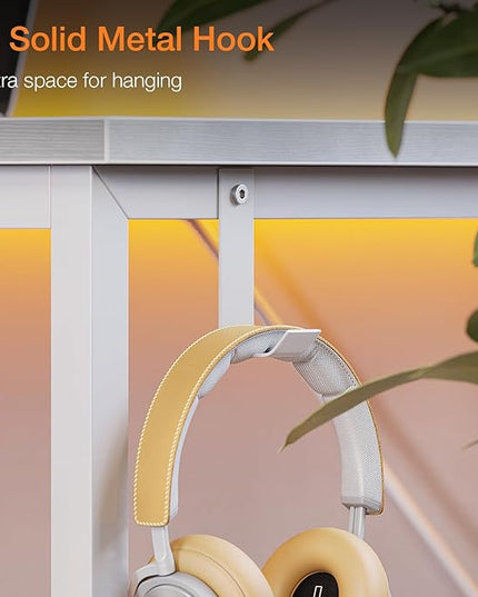 ODK Computer Desk Large Office Desk, 63 Inch Gaming Desk with Storage, Modern PC Desk Work Table with Headphone Hook for Home Office, Spliced Tabletop, White + White Leg - LeafyLoom