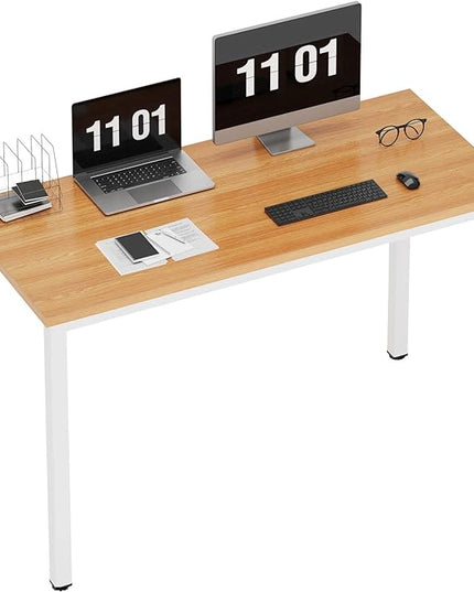 Need Computer Desk, 47 inch Home Office Desk, Modern Simple Style Home Office Gaming Desk, Basic Writing Table for Study Student, White Metal Frame, Teak - LeafyLoom
