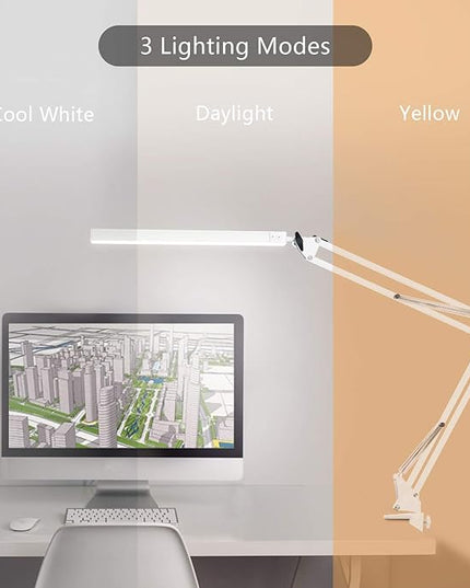LED Desk Lamp, Architect Task Lamp, Metal Swing Arm Dimmable Drafting Table Lamp with Clamp (3 Color Modes, 10-Level Dimmer, Memory Function) Highly Adjustable Office, Craft, Workbench Light - LeafyLoom