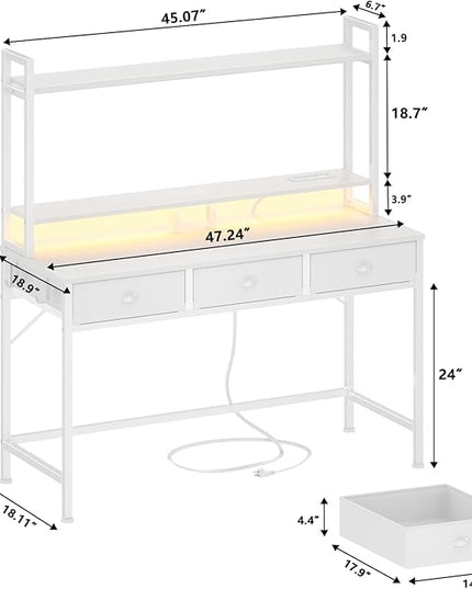 Furologee White Gaming Desk with Power Outlet and LED Light, 47" Computer Desk with 3 Fabric Drawers, Home Office Desk with Monitor Stand and Hutch for Small Space Working, Study Table with Shelf - LeafyLoom