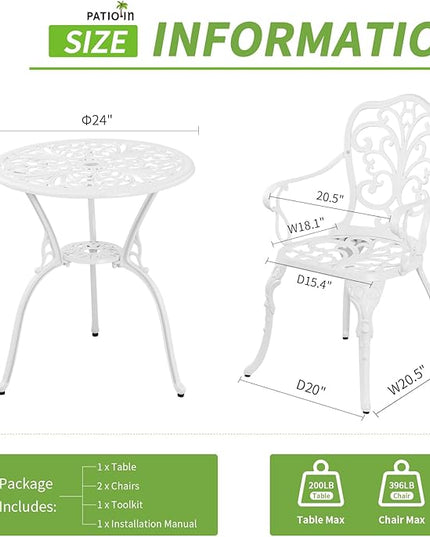 Bistro Table and Chairs Set of 2, Patio Furniture Bistro Set, Cast Aluminum Bistro Set 3 Piece Outdoor with Umbrella Hole for Balcony - LeafyLoom