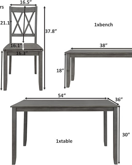 6-Piece Wood Rectangle Dining Table Set with Bench and 4 Cross Back Chairs for Kitchen Living Room, Farmhouse Rustic, Antique Graywash, 54" L x 36" W x 30" H - LeafyLoom