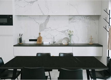 Kaboon Universal Tabletop 55"x27.5", Solid One-Piece Melamine Table Top, Double Desk L-Desk DIY, Home and Office Countertop, Cloud Atlas/Black Marble - LeafyLoom