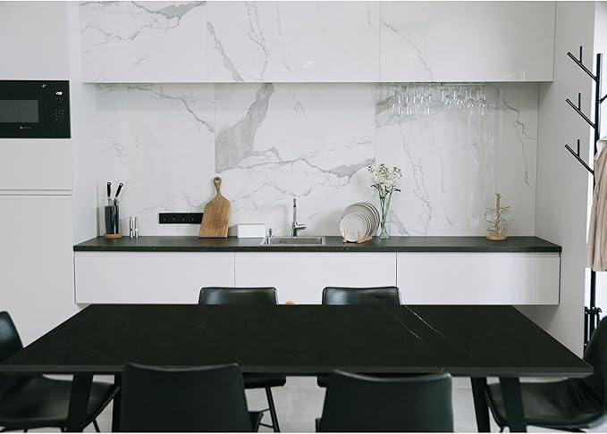 Kaboon Universal Tabletop 55"x27.5", Solid One-Piece Melamine Table Top, Double Desk L-Desk DIY, Home and Office Countertop, Cloud Atlas/Black Marble - LeafyLoom