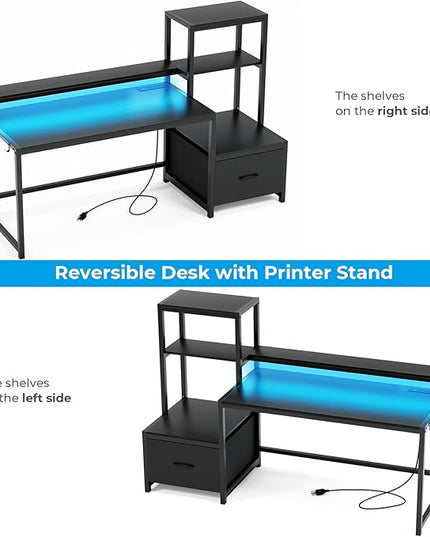 GreenForest Computer Desk with Drawer and Printer Shelf, 68.8 inch Gaming Desk with LED Lights and Power Outlets, Home Office Desk with Storage for Study Writing Working,Black - LeafyLoom