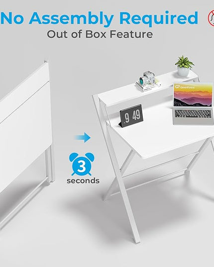 GreenForest Folding Desk No Assembly Required Small Size, 2-Tier Foldable Computer Desk with Shelf for Home Office, Space Saving Portable Laptop Study Foldable Table for Small Spaces, White - LeafyLoom