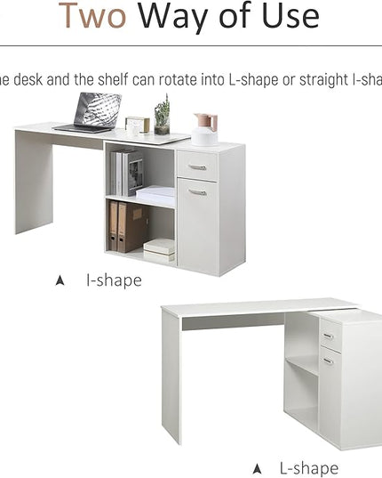 HOMCOM L Shaped Computer Desk, 180° Rotating Corner Desk with Storage Shelves, Drawer and Cabinet, Study Workstation for Home Office, White - LeafyLoom