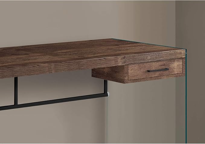 Monarch Specialties Computer Desk - Contemporary Writing Desk with Drawer - Tempered Glass Legs - 48"L (Brown Reclaimed Wood Look) - LeafyLoom
