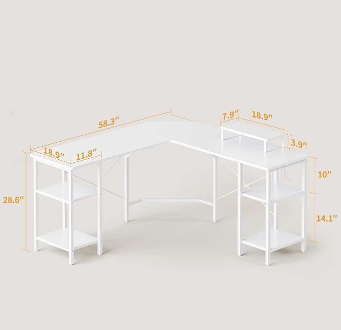 BANTI L Shaped Desk with Shleves, 58 inch Large Corner Desk with Two Storage, Space Saving, Easy to Assemble, White - LeafyLoom