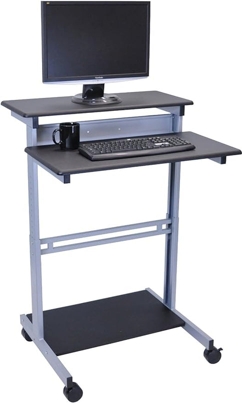 S STAND UP DESK STORE Rolling Adjustable Height Two Tier Standing Desk Computer Workstation (Silver Frame/Black Top, 32 Wide) - LeafyLoom